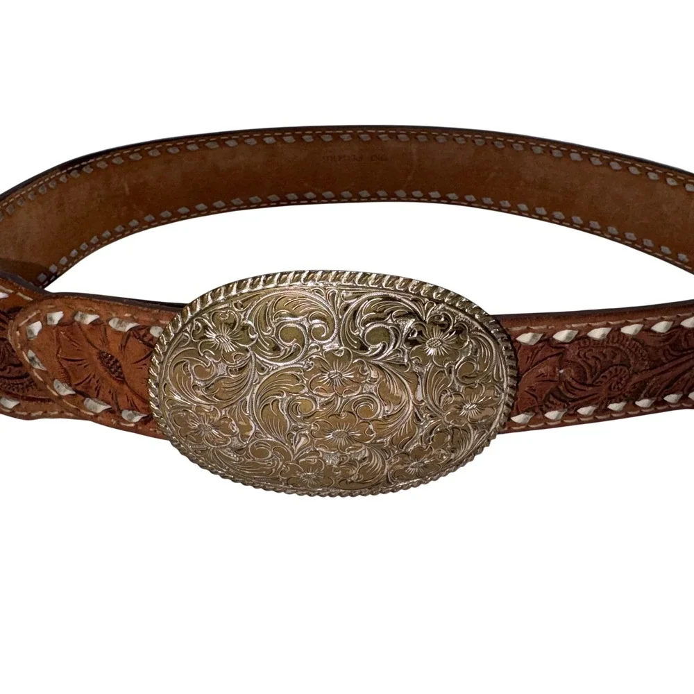 Vintage Western Belt Floral Tooled Leather Crumrine Bronze Buckle Sheplers 70s